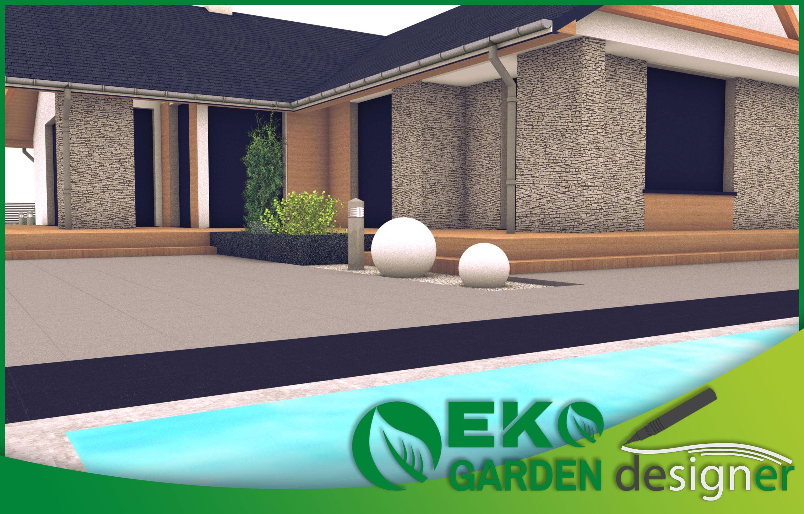Moderne Hausfront mit grauen Steinmauern, weißen Dekorkugeln und Poolbereich, gestaltet im minimalistischen Stil