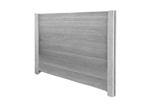 Graue Betonplatte mit horizontaler Holzmaserung für Gartenzaun, rechteckiges Design mit strukturierter Oberfläche