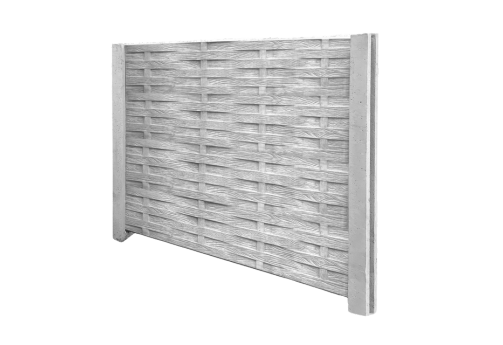 Grauer Betonzaunpanel mit horizontaler Holzlamellenstruktur in moderner Optik