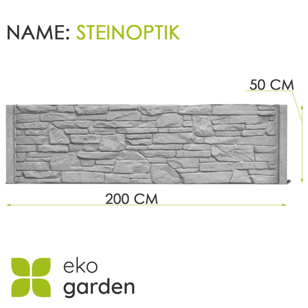 35 | Betonzaun-Element mit realistischer Steinoptik, 200 cm breit und 50 cm hoch. Die Oberfläche imitiert eine unregelmäßige Natursteinmauer mit verschiedenen Größen und Formen von Steinen. Das graue Panel zeigt eine detaillierte, raue Textur, die authentisch wie gestapelte Steine aussieht. Unten im Bild befindet sich das Logo von 'eko garden', einem Unternehmen für Gartenbauprodukte.