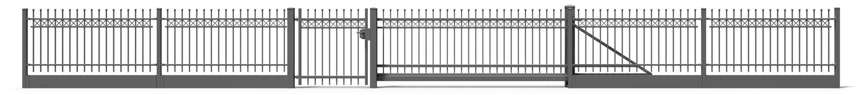 Eleganter schwarzer Metallzaun mit Fußgänger- und Einfahrtstor, symmetrisches Design mit vertikalen Stäben