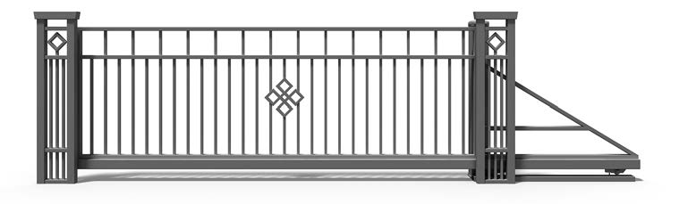 Ein modernes Schiebetor aus Metall mit geometrischen Verzierungen und Säulen an den Seiten