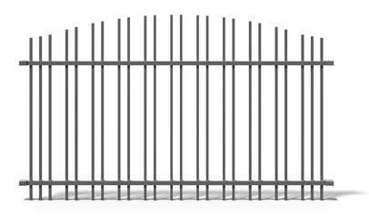 Ein grauer Metallzaun mit parallelen vertikalen Stäben und zwei horizontalen Querstreben auf weißem Hintergrund