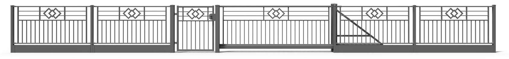 Elegantes Schiebetor und Gartentor aus Metall mit geometrischem Muster und horizontalen Streben