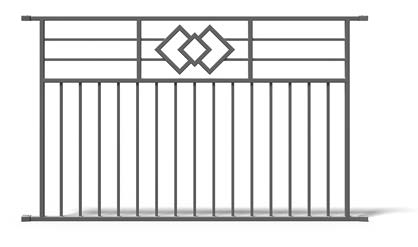 Ein horizontaler Metallzaun mit vertikalen Stäben und einem geometrischen Rautenmuster als dekoratives Element in der Mitte