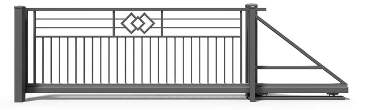 Modernes Schiebetor aus Aluminium mit geometrischem Muster im oberen Teil und vertikalen Stäben