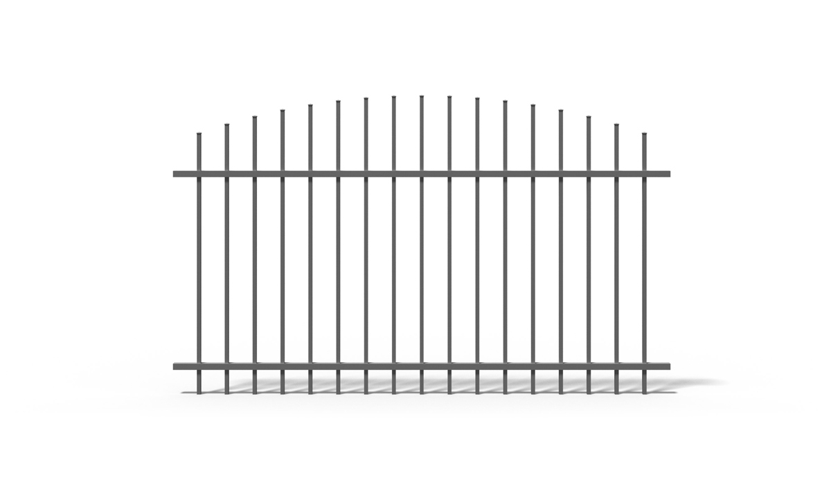 Ein graues Metallzaun-Element mit parallelen vertikalen Stäben, verbunden durch zwei horizontale Querstreben
