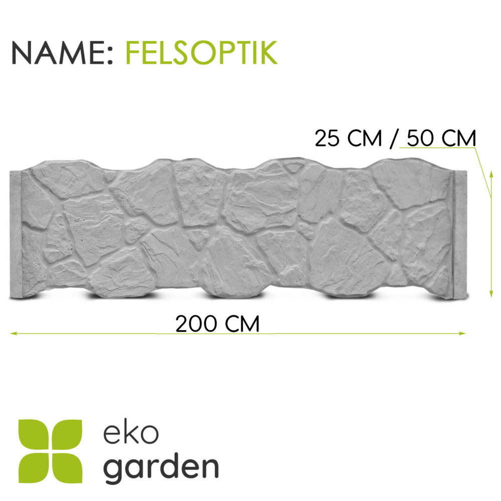 27 | Betonzaun-Element mit Felsoptik, 200 cm breit und 25-50 cm hoch. Graue Oberfläche mit unregelmäßiger Struktur, die natürlichen Fels imitiert. Teil der Felsoptik-Serie von EkoGarden für Gartenbegrenzungen