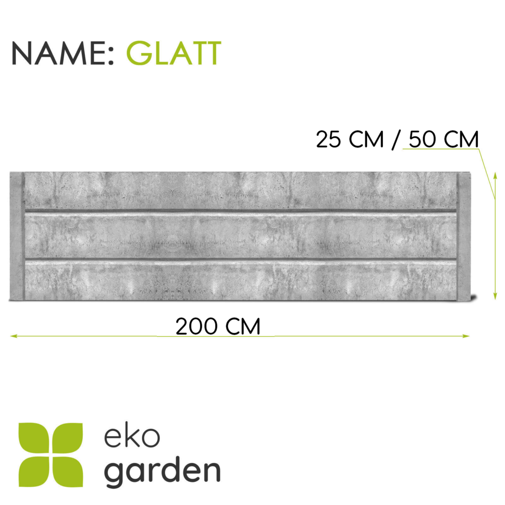 37 | Technische Darstellung eines Betonzaun-Elements namens 'Glatt'. Das rechteckige Paneel misst 200 cm in der Breite und ist in zwei Höhen erhältlich: 25 cm oder 50 cm. Die Oberfläche zeigt eine glatte, hellgraue Betonstruktur mit leichten Schattierungen, die eine realistische Textur vermitteln. Das Element besteht aus drei horizontalen Segmenten, die durch feine Linien getrennt sind, was dem Zaun ein modernes und schlichtes Aussehen verleiht.