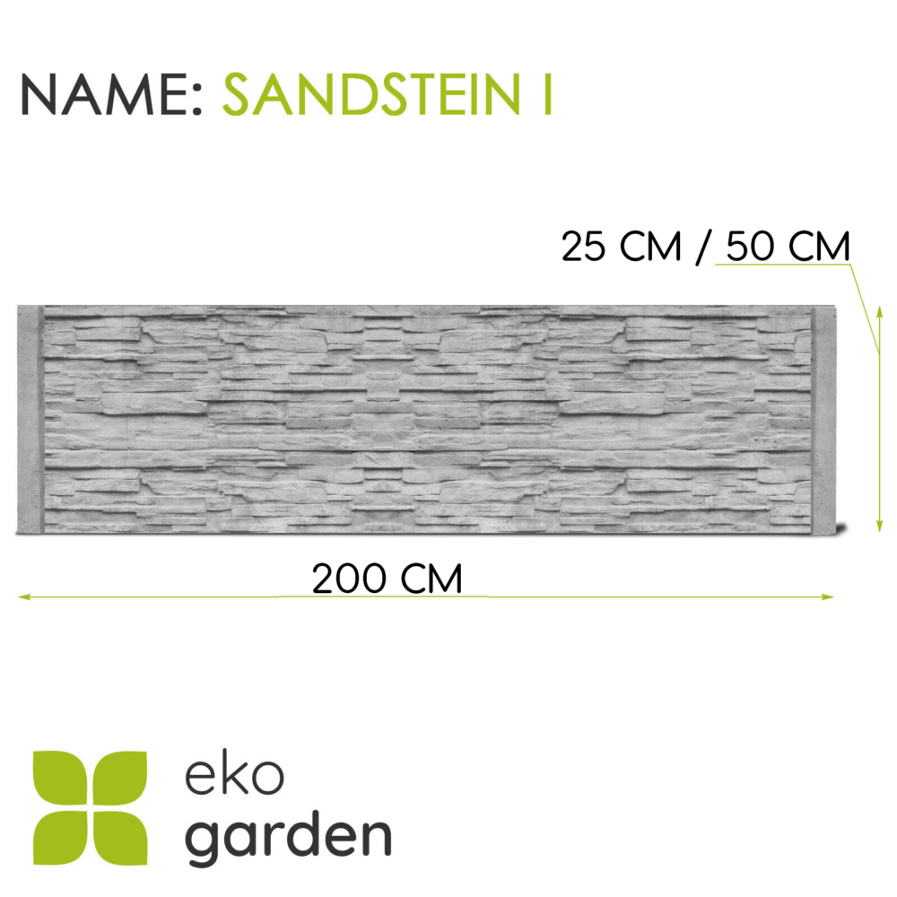 40 | Betonzaun-Platte 'Sandstein I' von EkoGarden. Graue Betonplatte mit rauer, steinähnlicher Oberfläche, die Sandstein imitiert. Maße: 200 cm Breite, 25 oder 50 cm Höhe. Strukturiertes Design für natürliches Aussehen.