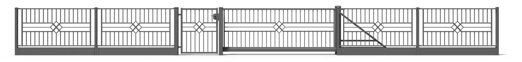 Graues Metalltor mit symmetrischem Gittermuster und Rautenelementen, bestehend aus mehreren Segmenten