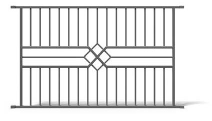 Schwarzer Metallzaun mit vertikalen Stäben und einem zentralen dekorativen Rautenmuster im geometrischen Design