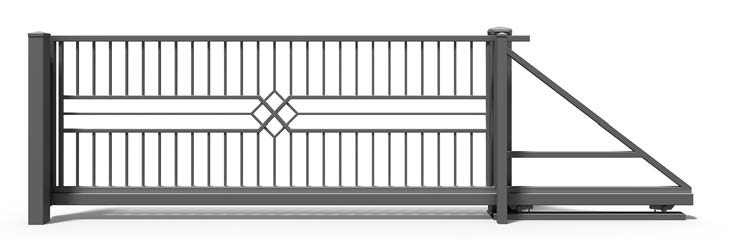 Modernes graues Schiebetor aus Metall mit diagonalem Rautenmuster in der Mitte für Einfahrten