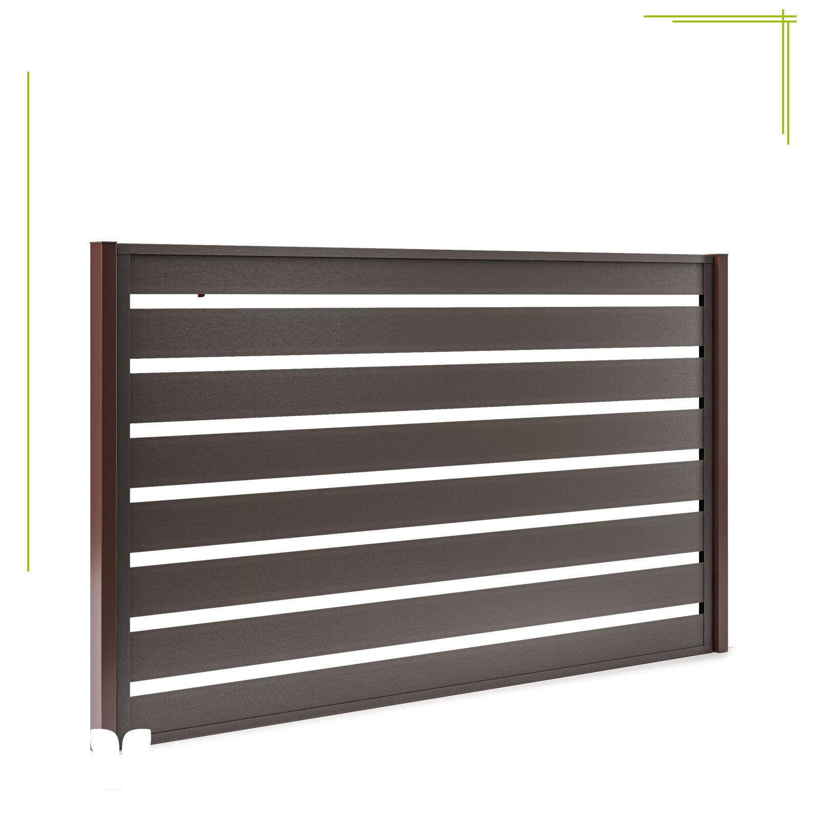 10 | Ein horizontaler Aluminiumzaun in dunkler Holzoptik mit gleichmäßigen Lamellen für moderne Gartengestaltung