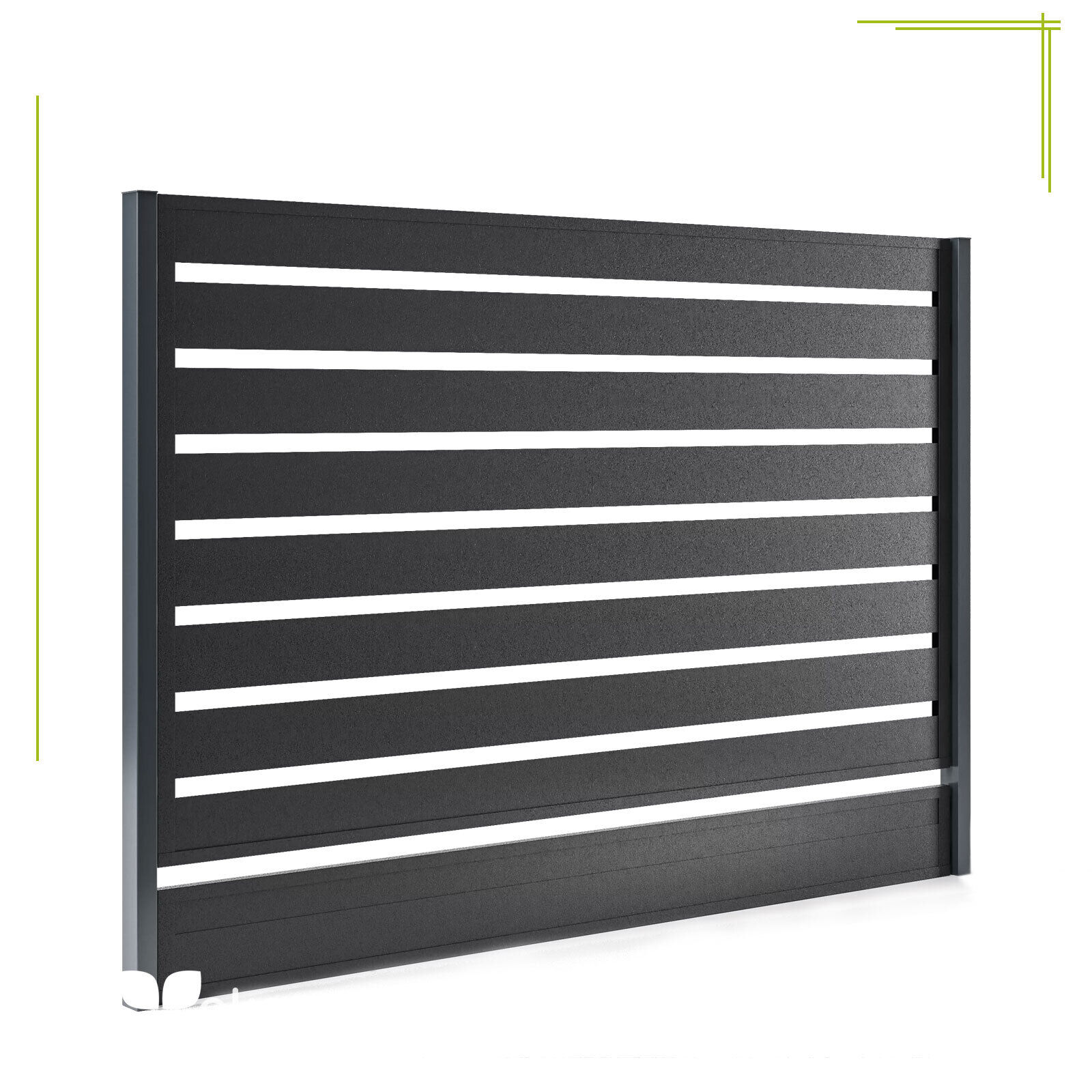 3 | Horizontaler Aluminiumzaun in mattschwarz RAL 9005 mit gleichmäßigen Lamellen auf weißem Hintergrund