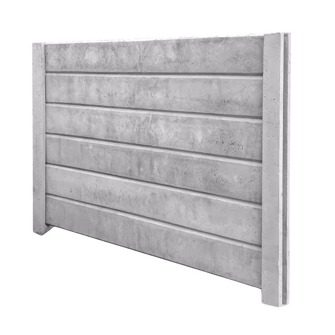 Ein horizontaler Betonzaunabschnitt mit sechs gleichmäßigen Lamellen, in hellgrauer Ausführung mit glatter Oberflächenstruktur. Der Zaun zeigt eine moderne, minimalistische Gestaltung mit klaren Linien und ist in einer neutralen Betonoptik gehalten